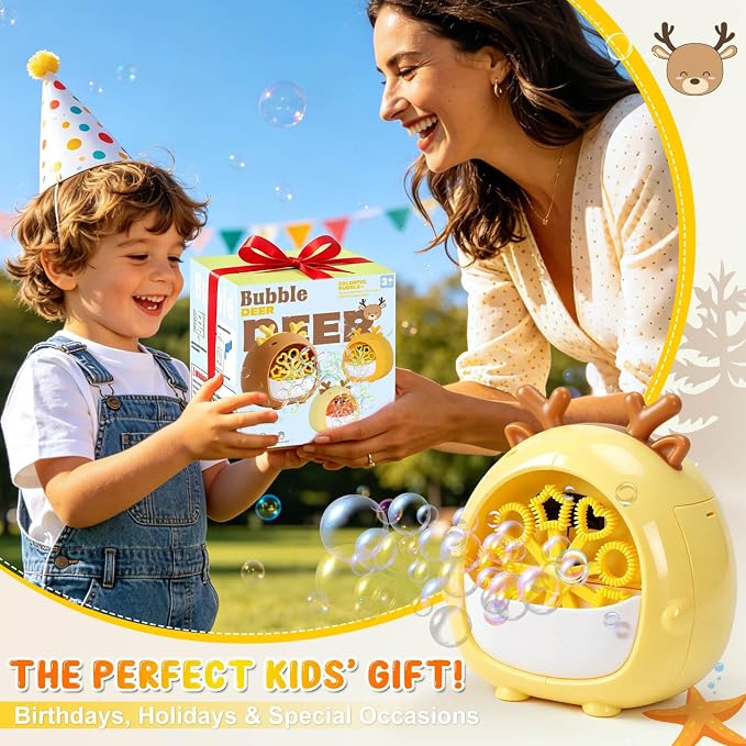 JONEG Bubble Machine Toys for Kids 3-8 Years Old - Bubble Blower Maker with Solutions, Outdoor Toy, Birthday Gift for 3 4 5 6 7 8 Year Old Girls Boys Toddlers (Deer-Yellow)