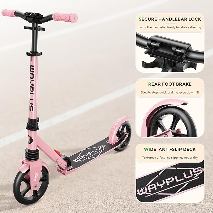 WAYPLUS KS1 Kick Scooter for Ages 6+,Kid, Teens & Adults. Max Load 240 LBS. Foldable, Lightweight, 8IN Big Wheels for Kids, Teen and Adults, 4 Adjustable Levels. Bearing ABEC9 FED Fitness