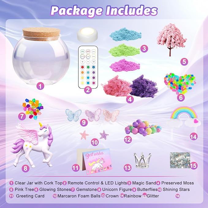 Unicorn Light-Up Terrarium Kit for Kids - Multicolor LED Night Light Birthday Gifts - Unicorn Toys for Girls Ages 4-6 7 8 9 10 Year Old - Kids Arts and Crafts Kit, Easter Ideal Gifts