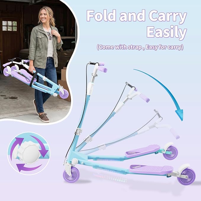 PHOEROS Upgraded Swing Wiggle Scooter,3 Wheels Drifiting Kick Scooter for Kids Ages 6-12,Teens&Adults,Youth Drifting Scooter with LED Light/4 Height Adjustable/Foldable Best Gift for Kids