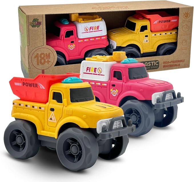 Aigitoy 2 Pack Toddler Cars for 1-3 Years, Power & Fire Truck Set | Construction Vehicles, NO BPA, Phthalates, PVC, Recycled Plastic Toy, 18M+ Outdoor Toys, Xmas Birthday Gift for Boys Girls