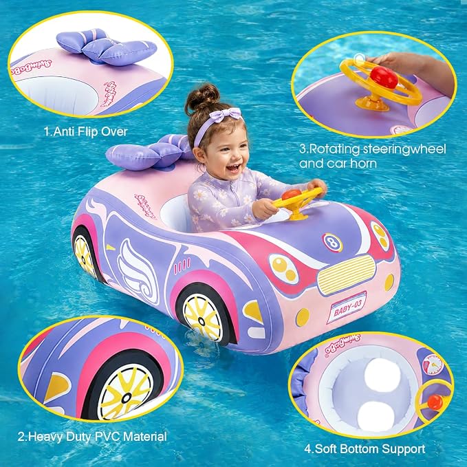 Baby Pool Float Toddler Floaties 3D Car Baby Float for 12-48 Months Inflatable Heavy Duty 0.35mm PVC Seat Boat Pool Toys Float No Flip Swimming Floaties for Boys&Girls1-5 Years