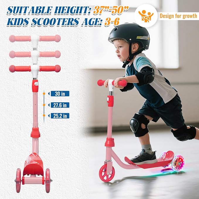 Kids Scooter Ages 3-7, 3 Wheel Scooter with LED Light Up Wheels, Safer Steering & Adjustable Handlebar, Wide Anti-Slip Deck, Heavy Duty Metal Kick Scooter for Boys Girls Toy Gift, Up to 110 lbs