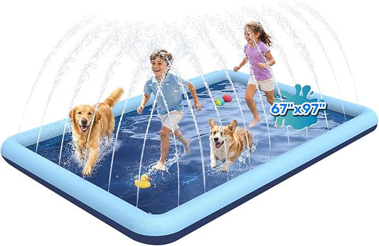 97"x 67" Splash Pad for Dogs, Rantangle Splash Pad for Kids Ages 4-8, Splash Pads for Toddlers 1-3, Dog Sprinkler Shallow Pool, Outdoor Water Toys for Backyard, Teal(5.5 x 7 ft)