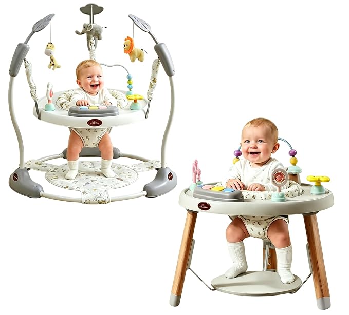 CuddoBaby Baby Jumper 4-Stage Convertible| Montessori -Inspired 8 Interactive Toys| Tummy Time Playmat, Bouncer, Exersaucer, Toddler Table| Music & Lights | 3-6, 6-12, 12-18, 12-24 Months - Gray