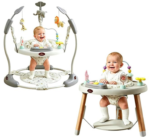 CuddoBaby Baby Jumper 4-Stage Convertible| Montessori -Inspired 8 Interactive Toys| Tummy Time Playmat, Bouncer, Exersaucer, Toddler Table| Music & Lights | 3-6, 6-12, 12-18, 12-24 Months - Gray