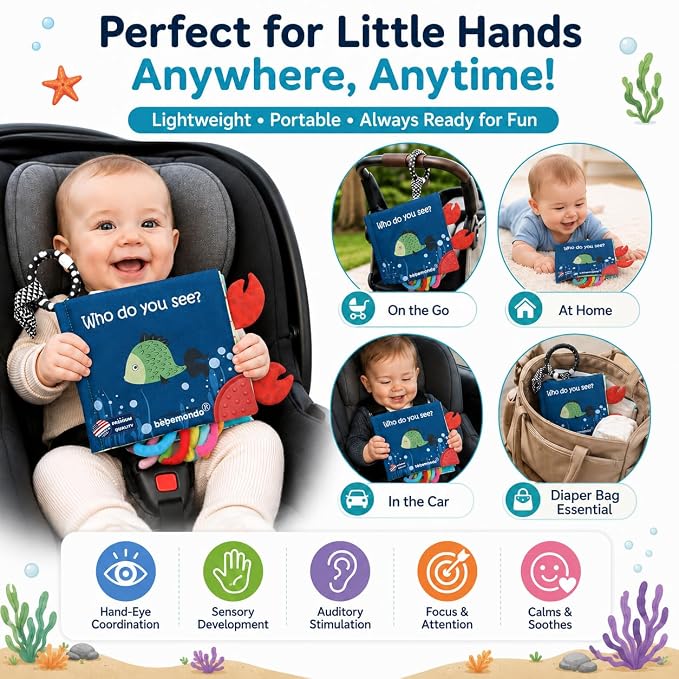 Fish Baby Book, Crinkle Books for Babies, Touch & Feel Soft Books, Infant Baby Toys 0-3 0-6 6-12 Months, Sensory Mirror Toy, Teether Ring, Baby Shower, Baby Basket Stuffers,Gifts for Boys Girls -Blue