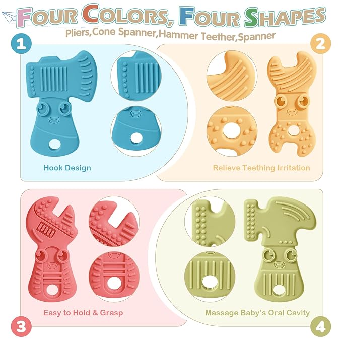 TYRY.HU Baby Teething Toys for Babies 0-6 Months 6-12 Months, BPA Free Silicone Baby Molar Teether Chew Toys, Hammer Wrench Spanner Pliers for Boys Girls, Soft-Textured, Easy to Hold & Clean, Cute