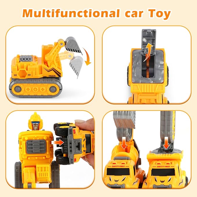 Toys for 3 4 5 6 Year Old Boys– 5-in-1 Detachable Construction Vehicles Set–Transform Robot Kids Toys Cars– Easy DIY Toys for Ages 5+ – Gifts for Boys Girls Birthday Christmas Easter