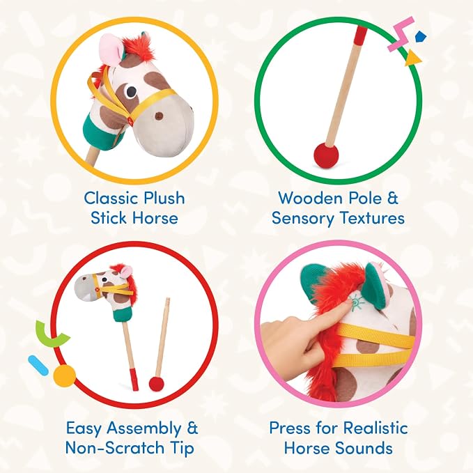 Battat – Classic Hobby Horse – Plush Stick Horse – Wooden Pole & Sensory Textures – Realistic Sounds – 2+ Years – Pony Pal