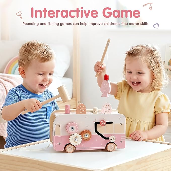 Vanplay Hammering Pounding Toys for 1 Year Old Girl Gifts, Montessori Toys for 1 2 Year Old, 7 in 1 Wooden Preschool Learning Activities Toy for Toddlers 1-3 - Baby Girl Gifts 12+ Months(Pink)