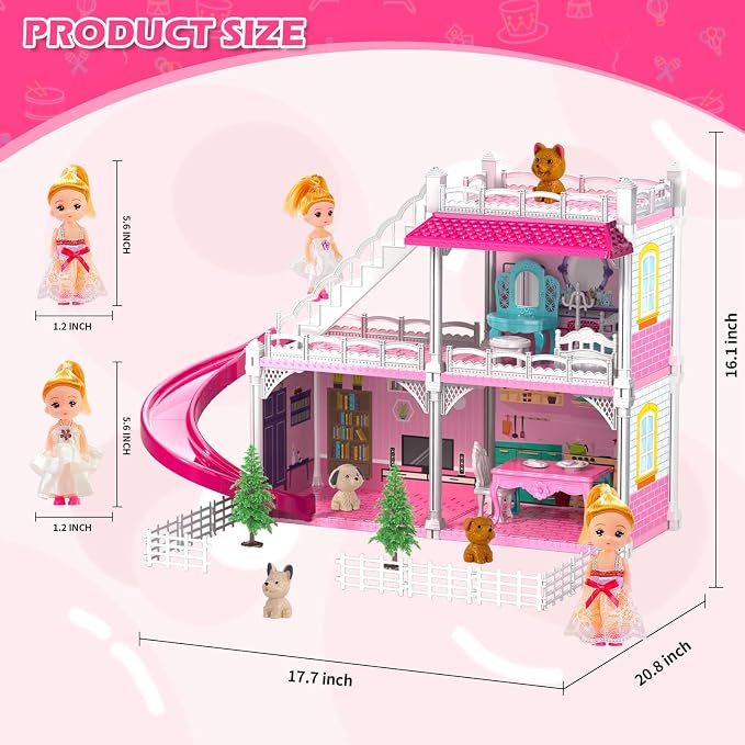 Doloowee DIY Dollshouse for Girls 4-8 - 2-Story House with 3 Themed Rooms, 2 Dolls, 4 Dogs, Slide & Yard - Dolls House Toys for Imaginative Play