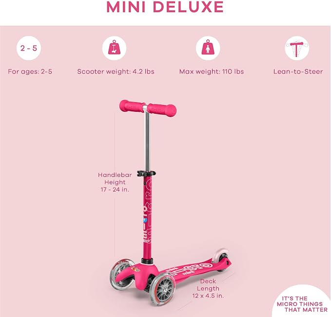 Micro Kickboard | Mini Kids Scooter for Ages 2-5 | Children up to 110 lbs | 3 Wheel Lean-to-Steer Design | Adjustable T Bar | Smooth Ride PU Wheels | Swiss Design
