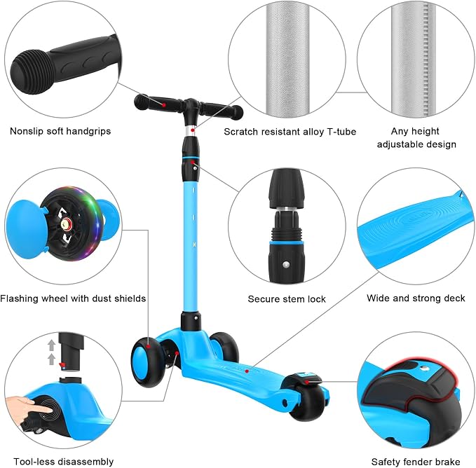 Allek Kick Scooter B03, Lean 'N Glide 3-Wheeled Push Scooter with Extra Wide PU Light-Up Wheels, Any Height Adjustable Handlebar and Strong Thick Deck for Children from 3-12yrs (Aqua Blue)