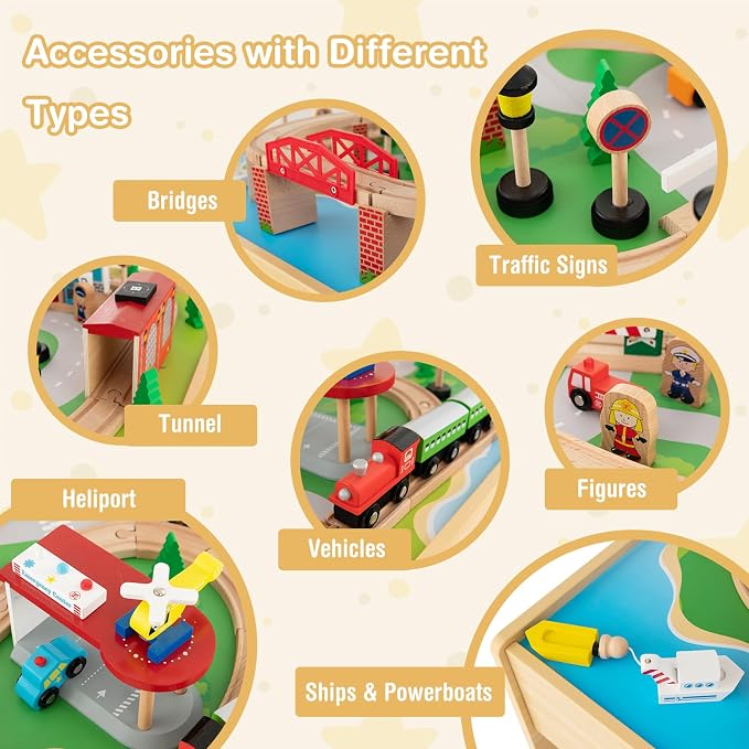 INFANS Train Table, 84 Pieces Wooden Kids Activity Toy Table Playset with Storage Drawer Reversible Detachable Tabletop, Tracks, Train, Railway, City, Gift for Toddler Boys Girls Ages 3+