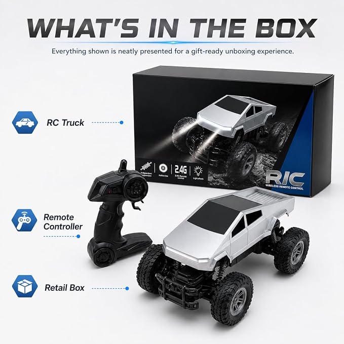 Remote Control Car, 1:18 RC Truck for Kids, 2.4GHz Remote Control Pickup Toy, All Terrain Off Road Vehicle with LED Lights, Silver Truck Gift for Boys Girls Ages 4-12