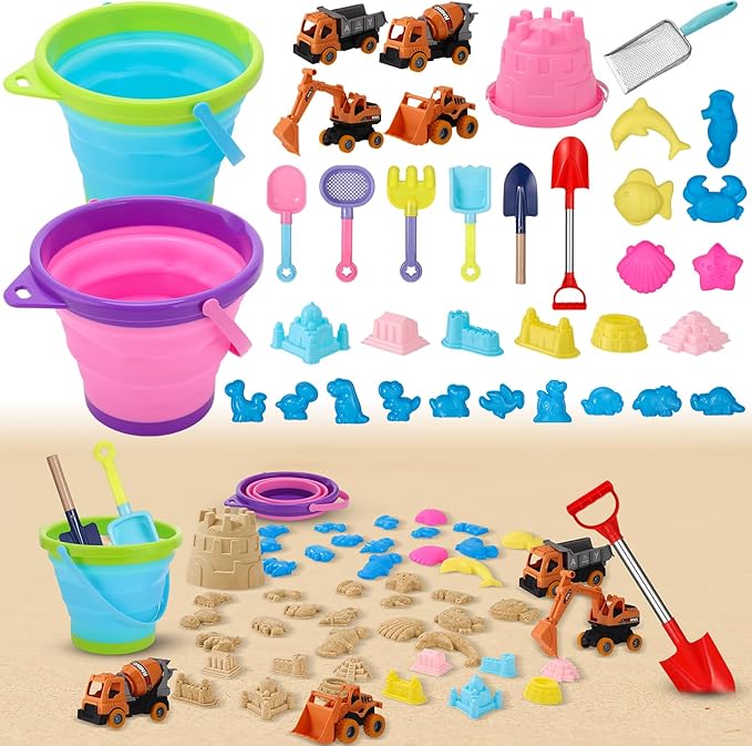Beach Toys, 36 Pcs Sand Toys with 4 Construction Vehicles, 2 Collapsible Beach Bucket,1 Castle Buckets, Sand Castle Building Kit, Sand Molds, Shovel Set for Kids Boys Girls Age 3+
