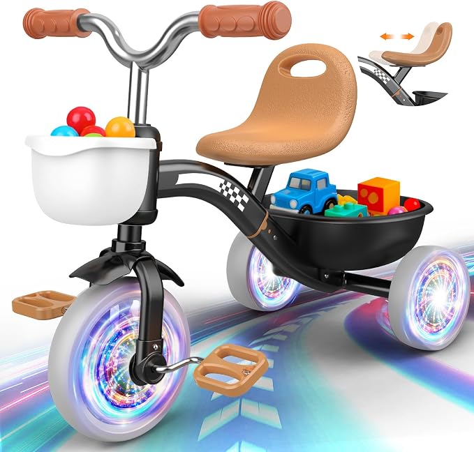 Kkdi Toddler Tricycle for 1-3 3-4 Year Olds, 2 3 4 Year Old Boy Girl Birthday Gifts, Toddler Baby Bike, 3-Level Adjustable Seat, 3 Color Light Wheels, 2 Baskets, Outdoor Riding Toys for Ages 2-4