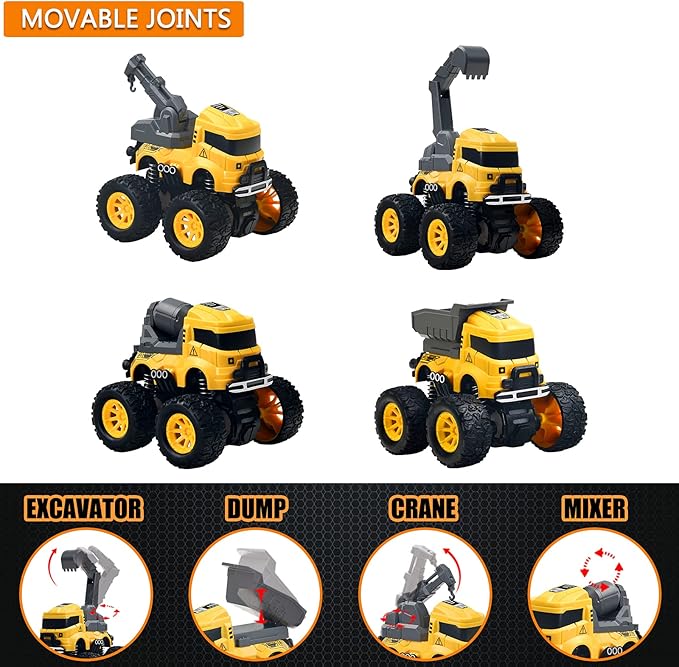 Construction Truck Toys for Boys - 4 Pack Excavator, Mixer, Crane, Dump Trucks Push and Go Friction Powered Cars Monster Trucks Toy for Kids Birthday Party Favors Gifts for 3+ Year Old Boys Girls