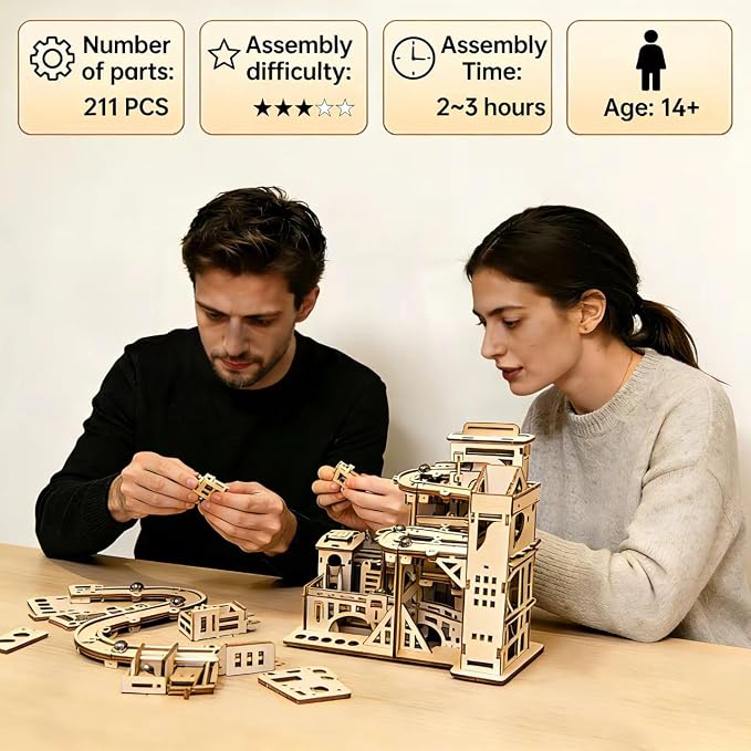 3D Wooden Puzzle for Adults, Marble Run - Advanced Roller Coaster Model Building Set, DIY Wooden Marble Run Track and 3D Jigsaw Puzzle for Adults and Teenagers, challenging Birthday Gift