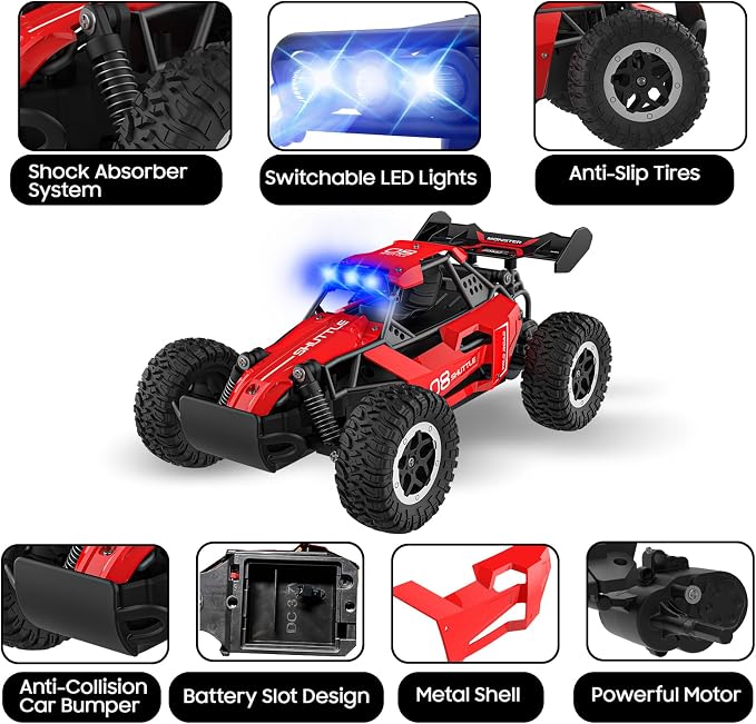 Remote Control Car for Kids 3 4 5 6 7+, 20 KM/H High-Speed RC Cars with LED Lights, 2.4GHz 2WD Monster Truck Toys,Toy Cars for Girls Boys,Christmas & Birthday Gifts,Upgraded Anti-Collision Shaft–Red