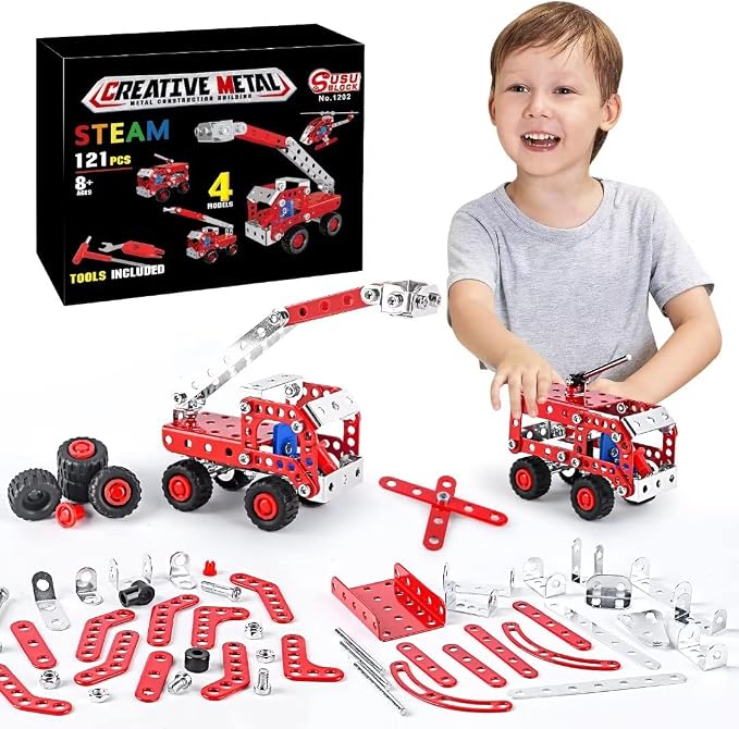 Ferthor Fun Stem Building Toys for Boys Age 8-12,Creative Sets Fire Trucks Series Model Kit,Assembly Toys for Kids,Metal Building Blocks for Model 4 in 1 Fire Fighting Cars(121PCS)