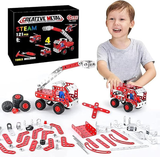 Ferthor Fun Stem Building Toys for Boys Age 8-12,Creative Sets Fire Trucks Series Model Kit,Assembly Toys for Kids,Metal Building Blocks for Model 4 in 1 Fire Fighting Cars(121PCS)