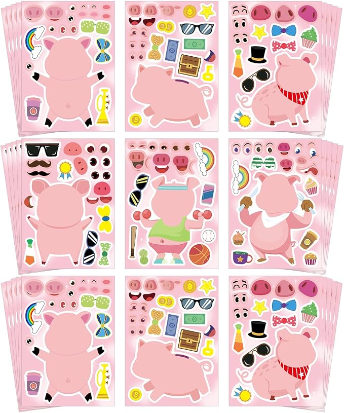 Aowplc 30 Sheets Make a Pig Stickers – Cute Piggy Mix & Match Stickers for Kids – Party Favors, Farm Animal Crafts, School Projects & Classroom Activities