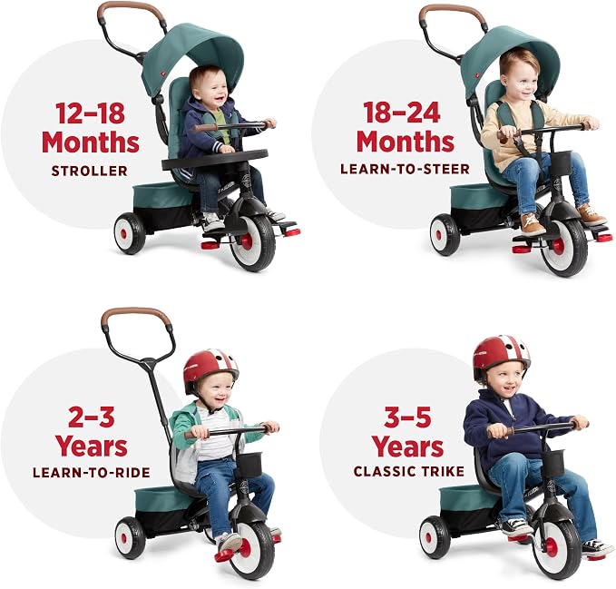 Radio Flyer City 4-in-1 Stroll 'N Trike, Teal, for Riders 1-5 Years Old, 4 Riding Modes, 3 Point Harness with Comfort Pad, Parent Controlled Steering, Rear Storage, Stroller Tricycle for Toddlers