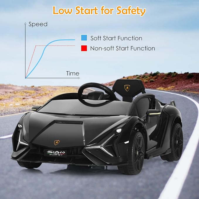 OLAKIDS Kids 12V Licensed Lamborghini SIAN Ride On Car, Electric Vehicle for Toddler with Control Remote, Battery Powered Toy with Music, Horn, 2 Speeds, Suspension, LED Lights, Bluetooth (Black)