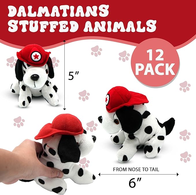 4E's Novelty 12 Pack Dalmatians Stuffed Animals - Soft Stuffed Dog Plush, 6” Small Puppy Plush with Fire Hat, Dog Toy for Kids, Birthday Party Favors