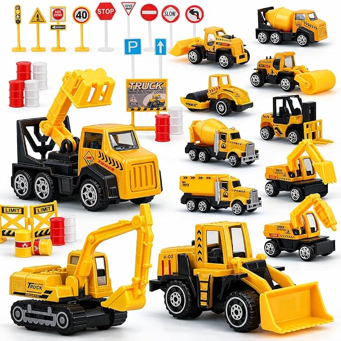 TOY Life 35 PCS Construction Toys, 12 Mini Construction Vehicles with Accessories, Excavator Bulldozer Dump Truck Playset, Sandbox Toys and Cake Toppers for Kids Ages 3-8