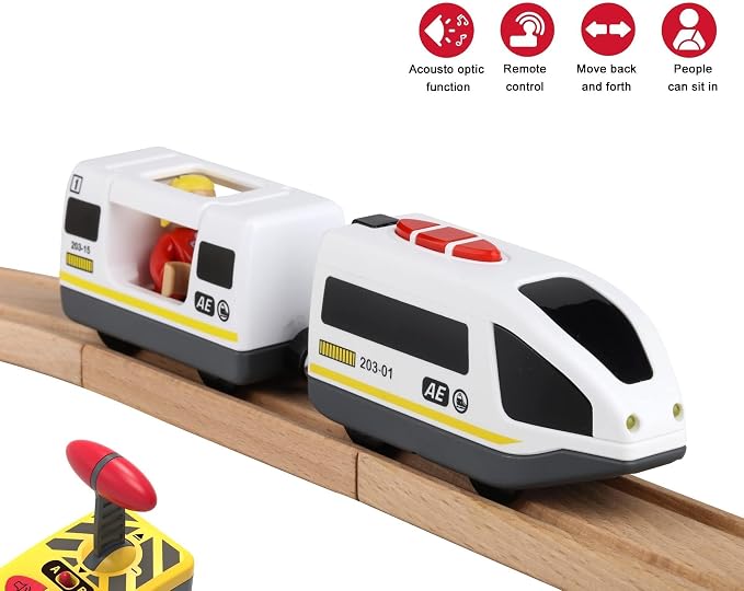 Remote Control Train for Wooden Track – White Bullet Locomotive with Opening Carriage & Action Figure, Lights & Sounds, Touch & Remote Control, Compatible with Thomas & Brio, Gift for Kids 3+