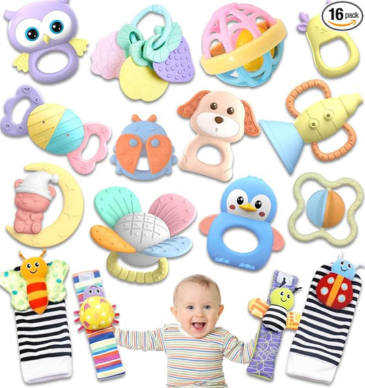 AZEN 16 Pack Baby Rattles Teething Toys 3-6 Months, Baby Toys 0-6 Months, Newborn Infant Toys 6-12 Months, Essentials Must Haves Wrist Socks Toddler Stocking Stuffers Christmas Gifts (Pink)