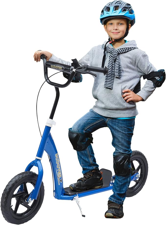 HOMCOM Kick Scooter for Kids 5-12 Years Old, Big Wheel Kids Scooter with Adjustable Height Handlebar, 12" EVA Tyres, Non-Slip Footplate, Rear Brake