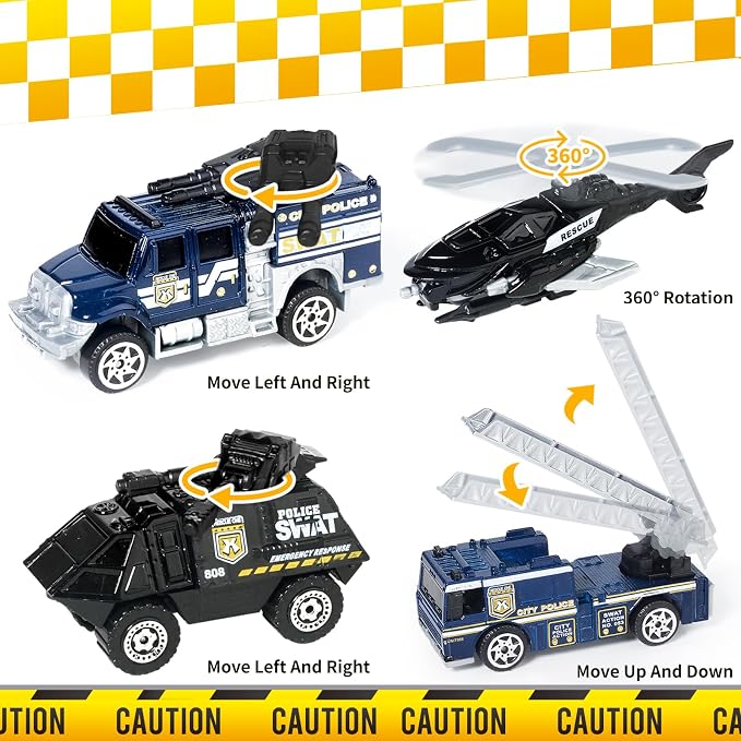 Oriate 6 Pack 1/64 Die-cast SWAT Police Cake Topper Kids Cars Boy Toys Set, Mini Cop Toy Car, Helicopter, Rescue Truck, Military Vehicles Toys, Birthday Gift for 3-5 Year Old Boys Girls