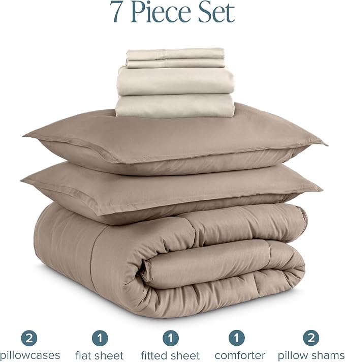 Bare Home Bed-in-A-Bag 7 Piece Comforter & Sheet Set - Queen - Goose Down Alternative - Ultra-Soft 1800 Premium - Bedding Set (Queen, Taupe/Sand)