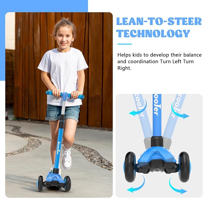 Kids Scooter,Lighted Wheels and 3 Adjustable Height Handlebars Scotters for Kids 3-12,3 Wheel Toddler Kick Scotter for Boys & Girls up to 132 Lbs.