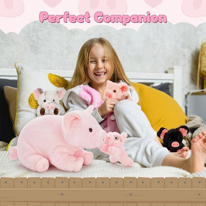 5-Piece Pig Stuffed Animal Set, 16 Inch Mommy Plush with 4 Baby Piggy Toys, Soft Cuddly Kawaii Plushies, Christmas Birthday Gift for Kids Girls Boys, Baby Shower Decor