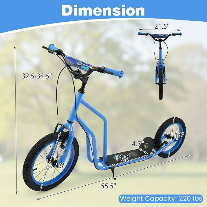 Costzon Big Wheels Kick Scooter for Kids 8+, Youth Scooter with Foldable & Height Adjustable Handlebar, Inflatable Shock Absorption Wheels, Dual Brakes for Teens, Adults, Max Load 220 LBS