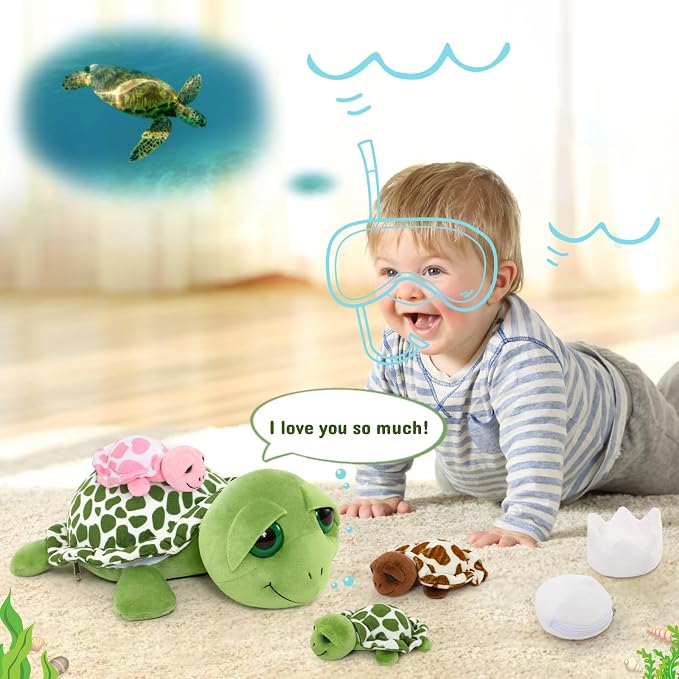 MorisMos Turtle Stuffed Animal with Babies Inside, 14'' Talking Mommy Turtle Plush with Babies & Eggs, 6PCS Interactive Sea Ocean Plush Toys Family with Gentle Voice, Big-Eyed Gift for Kids Girls