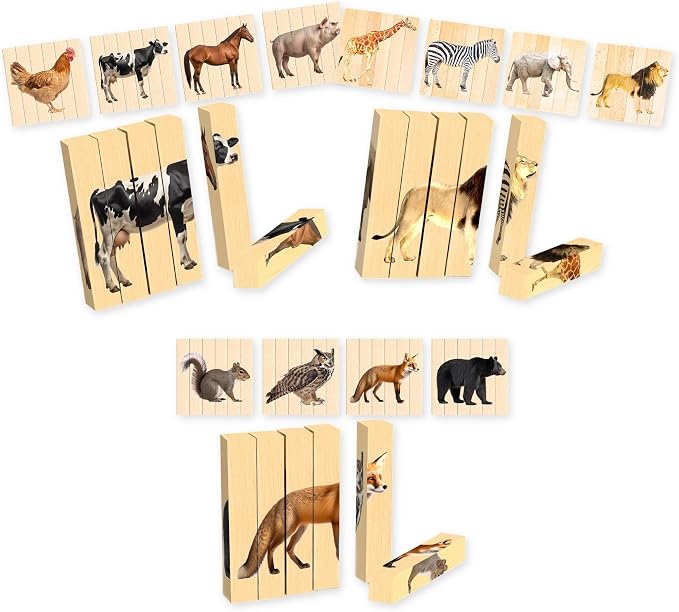 Wooden Animal Chunky Puzzles for Toddlers 2+ Years - Montessori 4 in 1 Complete Animal Collection - Farm, Safari & Woodland Block Puzzle Jumbo Set