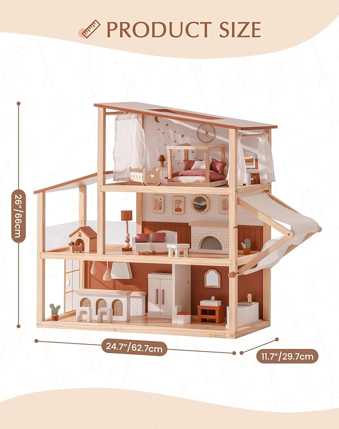 ROBUD Doll House - Wooden Bohemian Dollhouse with Realistic Design, Includes 37 Pieces of Furniture & Accessories for Kids Ages 3+