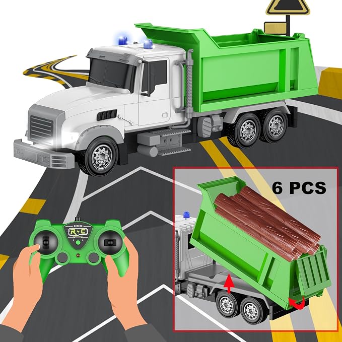 Remote Control Construction Dump Truck Toy RC Vehicle,6 Channel Truck Toys with 6 pcs Wood,2 Rechargeable Batteries,1/24 Scale Dump Trucks，Birthday Gifts Ideas for Boys Age 3-8 Year Old