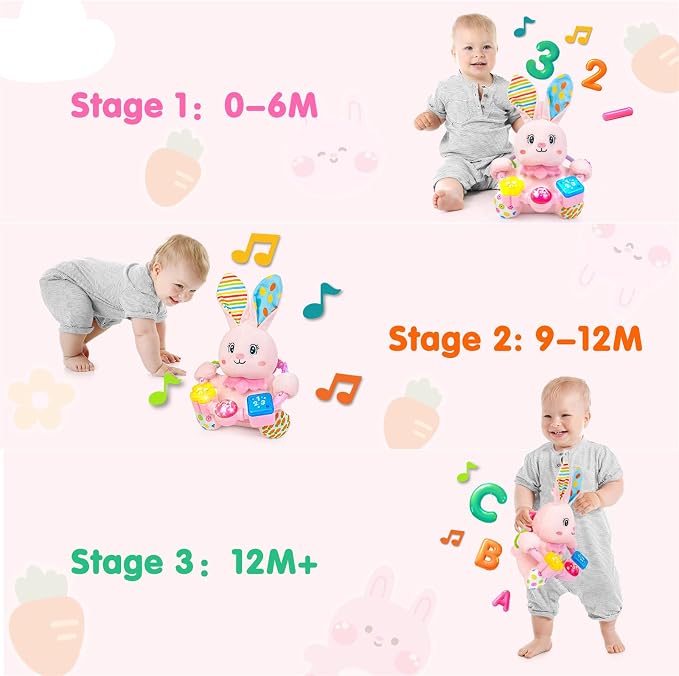 Ryotagift Baby Bilingual Musical Rabbit Stuffed Animals Toys,Infant Early Learning Toy with Light-Up Music & Crinkle,Tummy Time Toys for 0 3 6 9 12+ Months for Baby Boy Girl Easter Gift,Pink