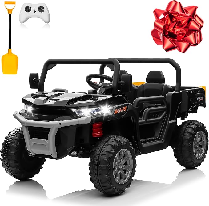24V 4WD Ride on Truck Car w/4X200W Motor, Dump Bed, Gift Flower, 2 Seaters, Remote Control, 4 Wheeler, LED Light, Music, 24 Volt Ride on Toys for Big Kids Girls 3-8, Black