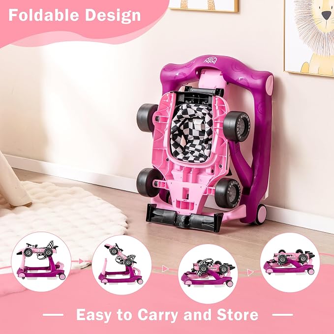 BABY JOY 4-in-1 Baby Walker, Foldable Activity Walker with Adjustable Height & Speed, Music, Lights, Anti-Rollover, Toddler Push Walker, Baby Walker with Wheels for Boys Girls 6-18 Months (Purple)