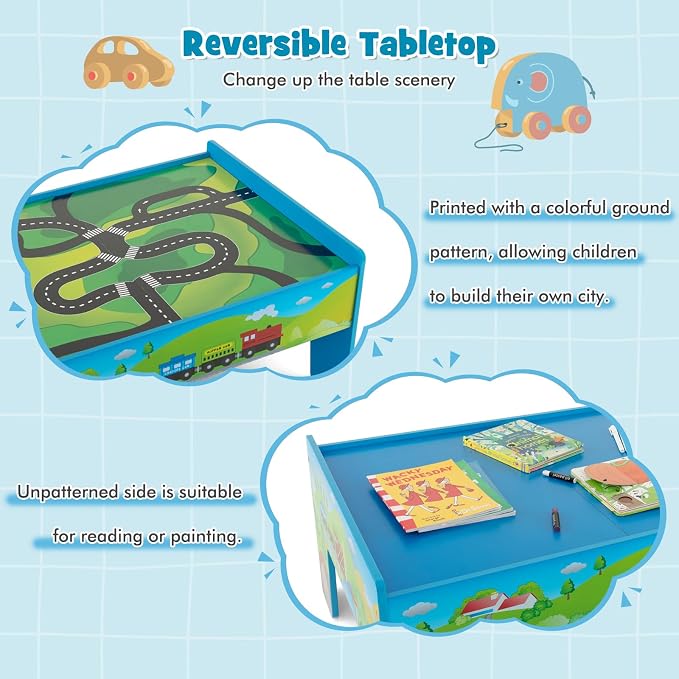 HONEY JOY Train Table, Wooden Kids Activity Table w/ 80 Multicolor Pieces, Tracks, Trains, Cars, Toddler Toy Train Table Set w/Reversible Tabletop, Gift for Boys Girls Ages 18 Months+ (Blue)