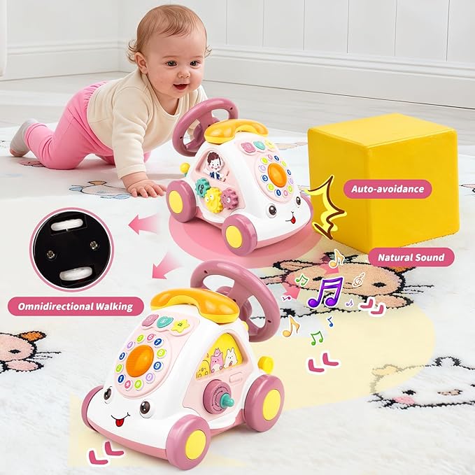 Love Mini Toddler Crawling Car Toy - Interactive Push Along Vehicle with Music & Lights, Early Learning Developmental Gift for Babies 6-12 Months