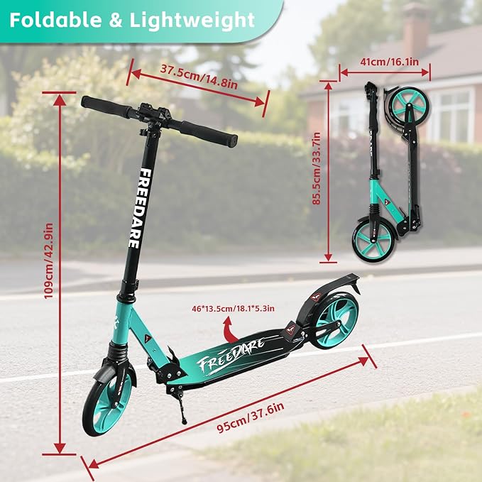 FREEDARE Kick Scooter for Kids & Adults Ages 8+, Foldable Teen Scooter with 2 Big 8-inch Wheels and 4-Level Adjustable Handlebar, Max Load 220 LBS